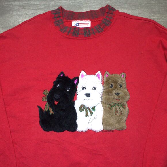 Vtg Whispers Furry Yorkie Westie Terrier Dog Red Crewneck Sweatshirt Sz Large - Picture 2 of 6